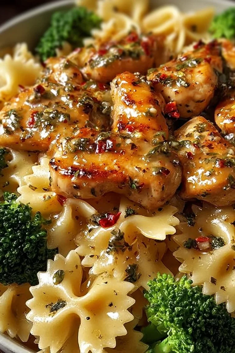 Cowboy Butter Lemon Bowtie Chicken on a plate with herbs and lemon slices