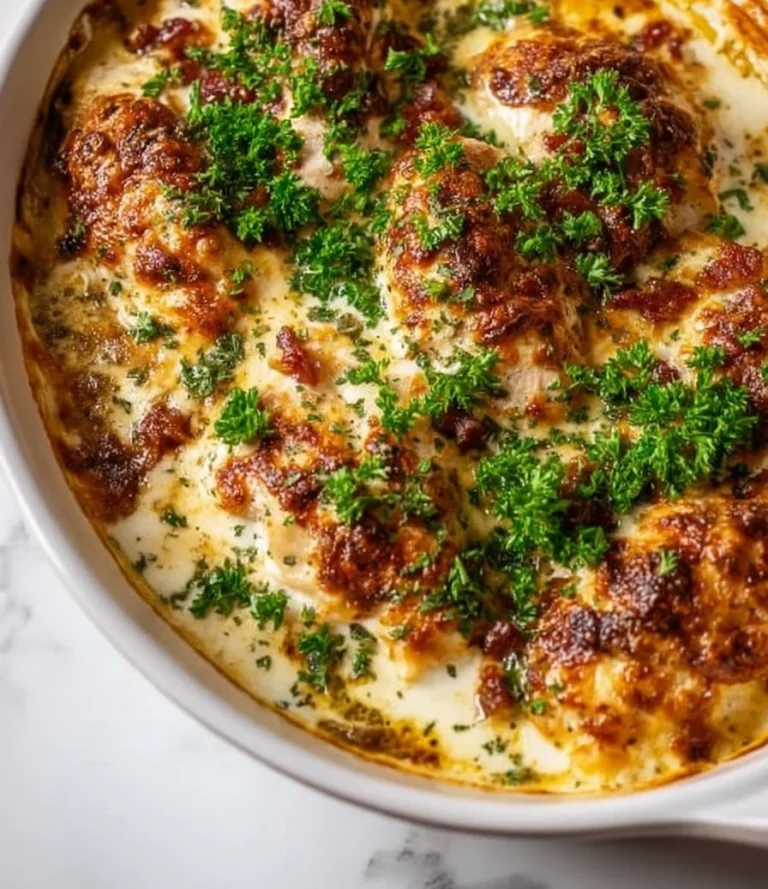 Creamy garlic bacon chicken bake served on a plate