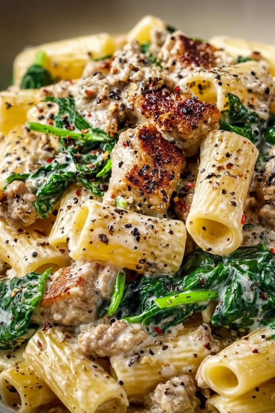 Creamy ground turkey pasta dish garnished with fresh herbs, served in a bowl.