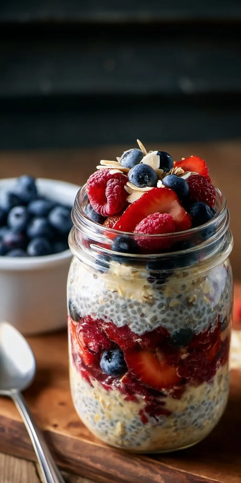 Creamy high-protein overnight oats topped with fruits and nuts