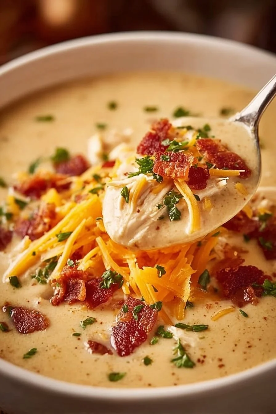 Creamy keto chicken soup with cream cheese, perfect for a low-carb diet.
