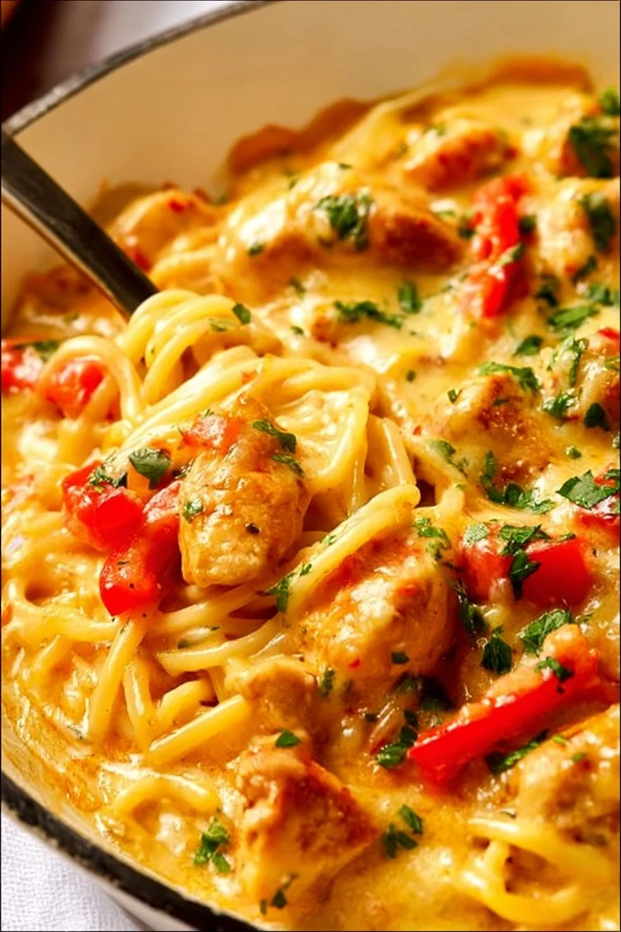 Creamy keto chicken spaghetti dish served in a bowl