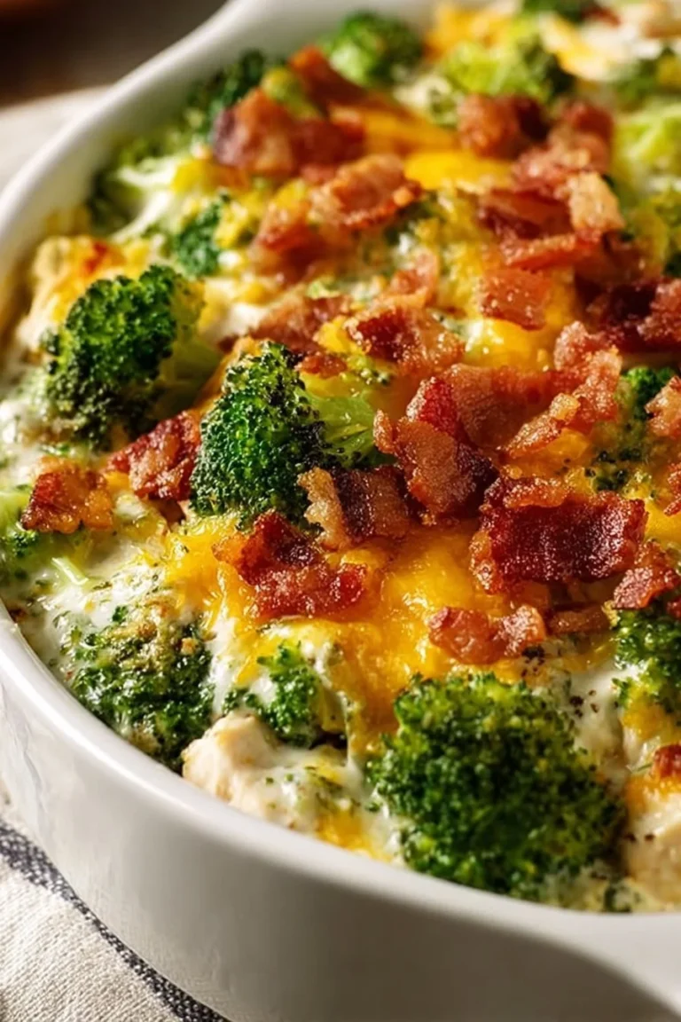 Creamy low carb chicken casserole topped with cheese in a baking dish