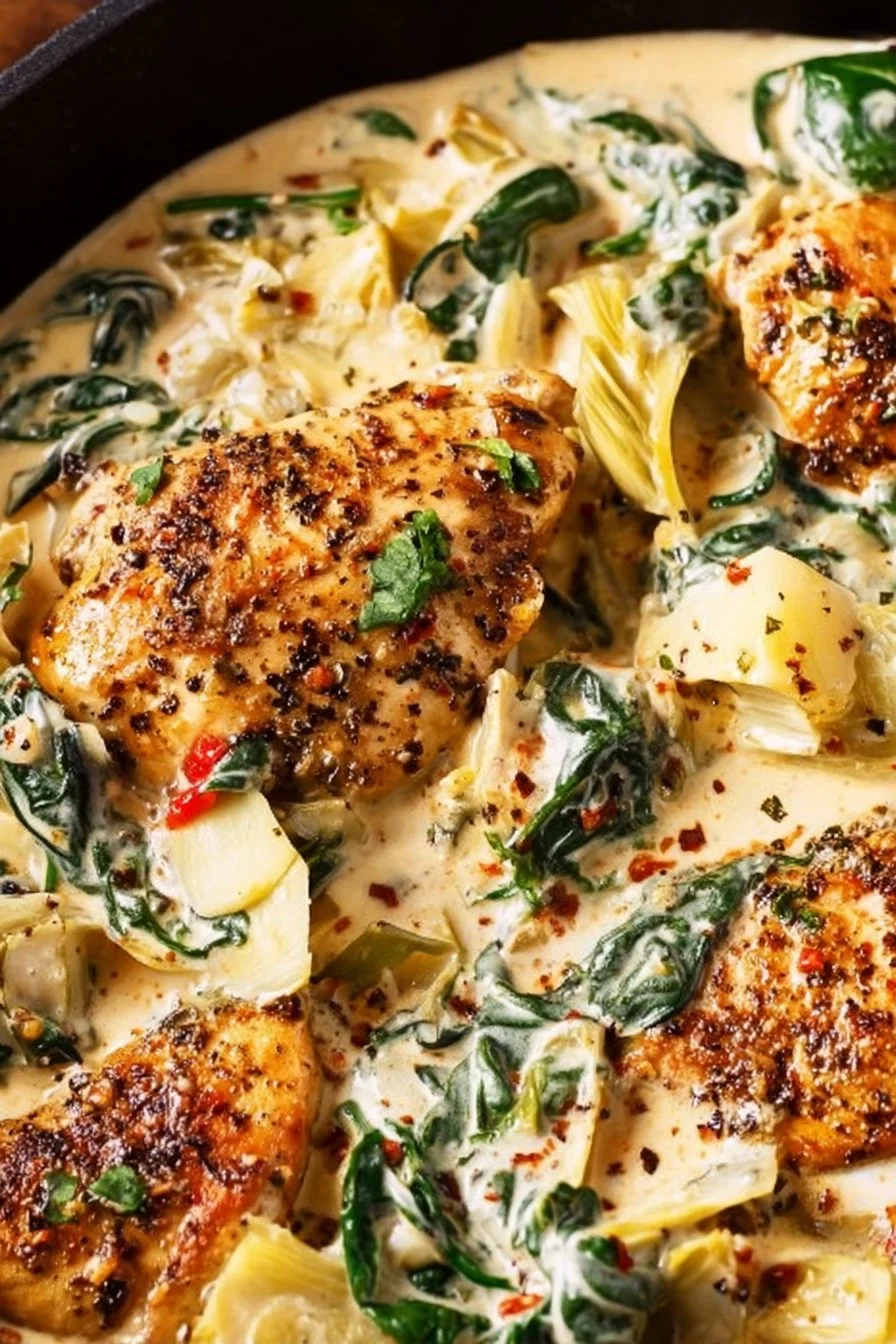 Creamy Spinach Artichoke Chicken Skillet served in a cast iron pan