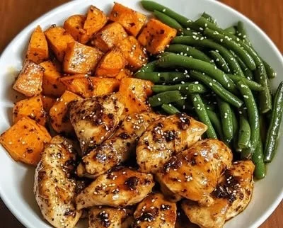 Delicious honey garlic chicken served with roasted sweet potatoes for dinner
