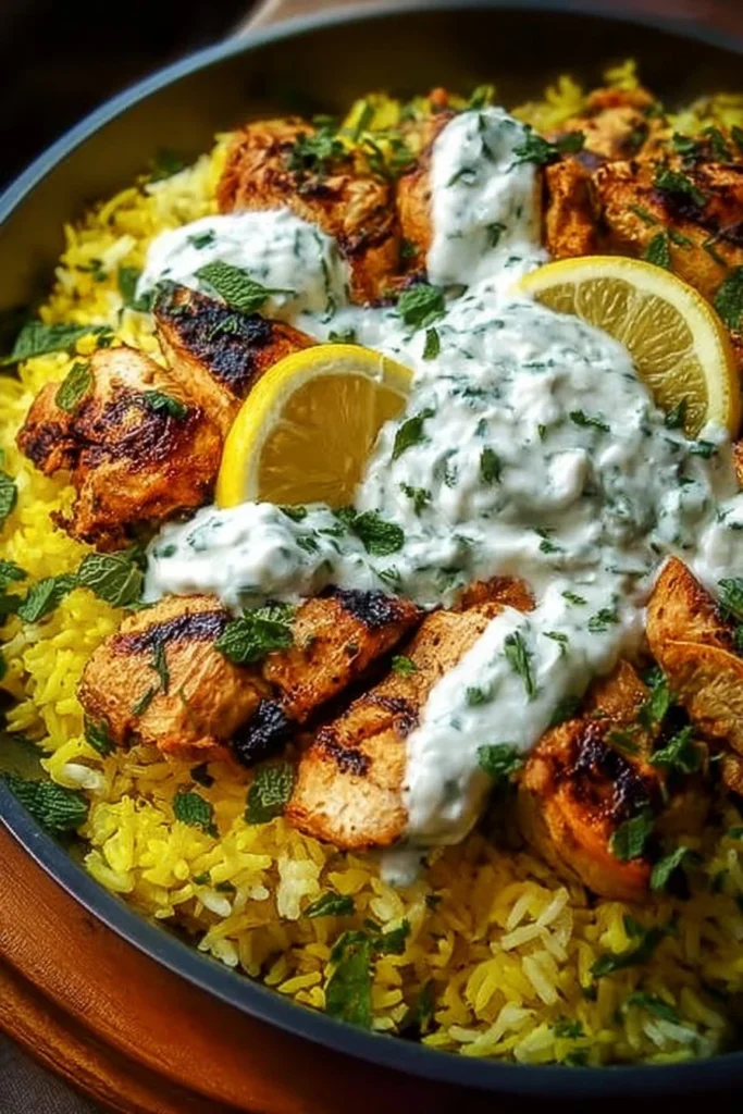 Dump and Bake Chicken Tzatziki Rice with fresh ingredients in a baking dish