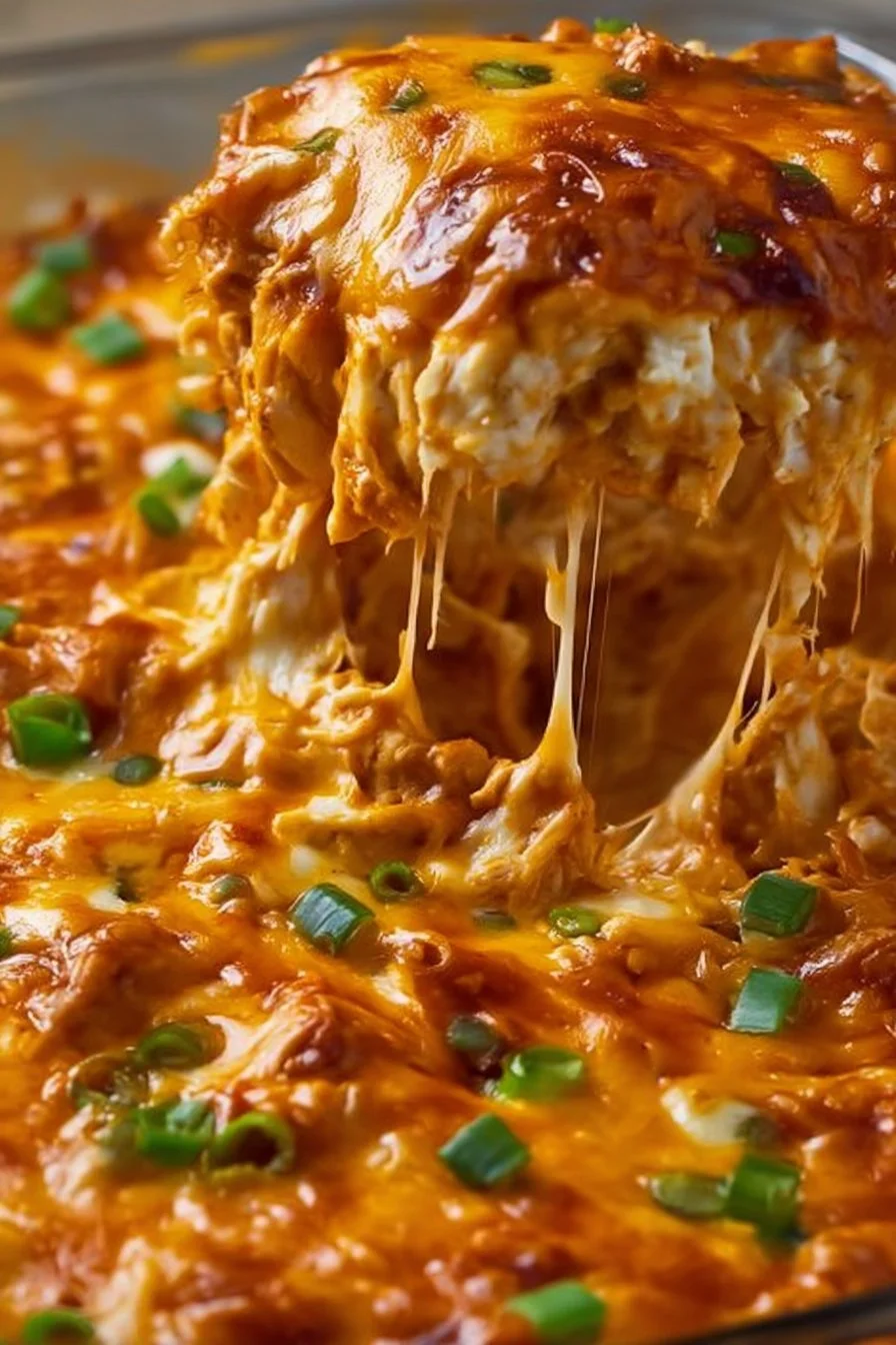 Easy Cheesy Keto Chicken Enchilada Casserole topped with cheese and fresh herbs
