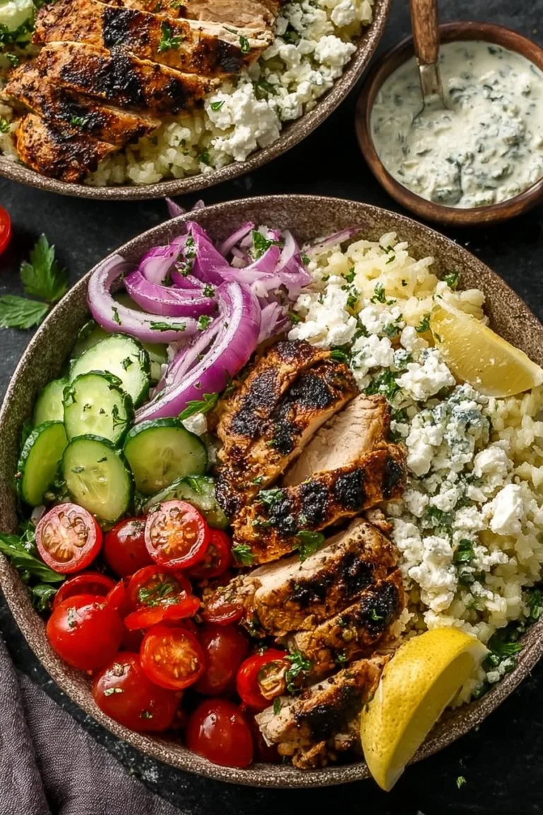 A delicious bowl of Greek chicken with fresh veggies and tzatziki sauce