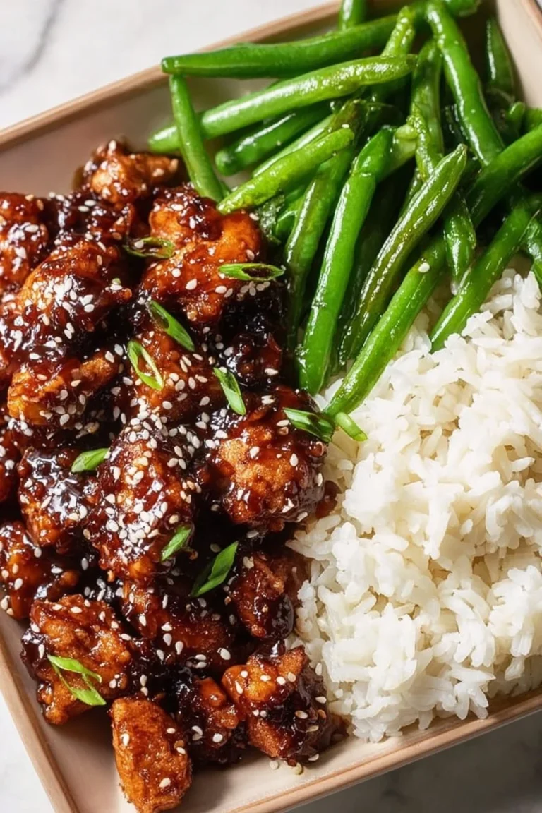 Delicious easy high protein sesame chicken served with vegetables