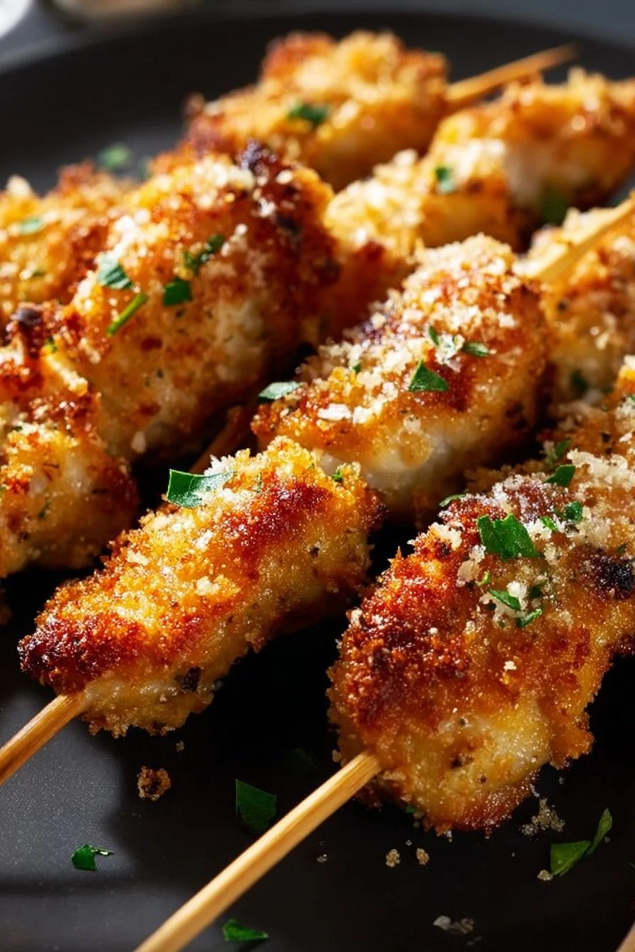 Easy keto garlic parmesan chicken skewers on a grill plate