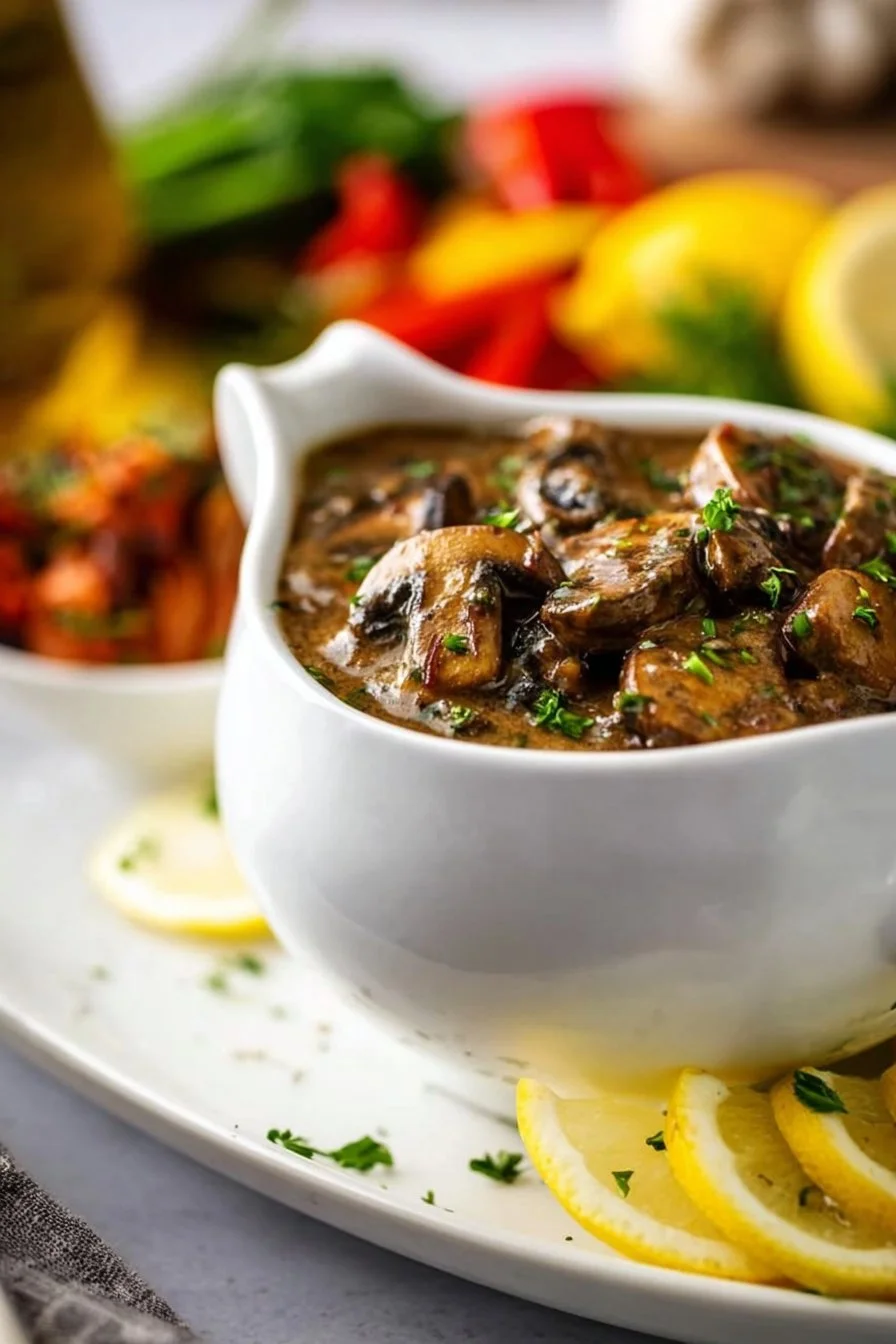 Delicious easy keto mushroom sauce in a bowl, ready for serving.