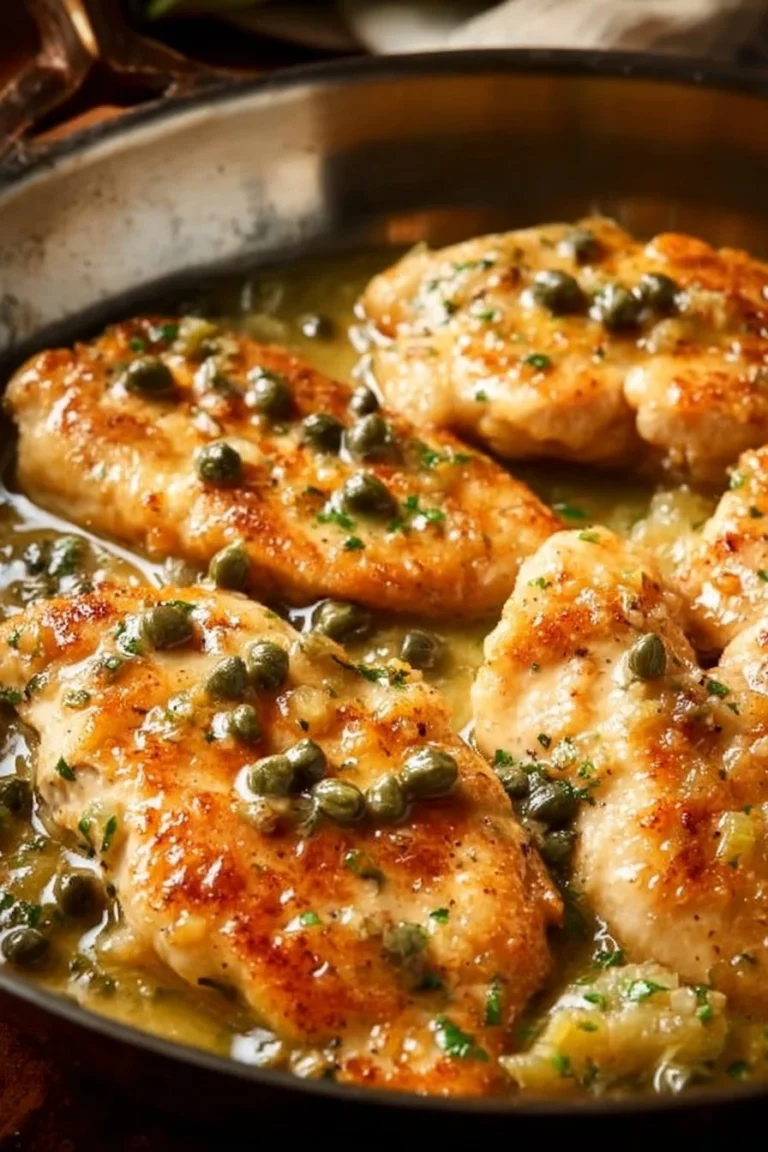 Plate of easy lemon chicken piccata garnished with parsley