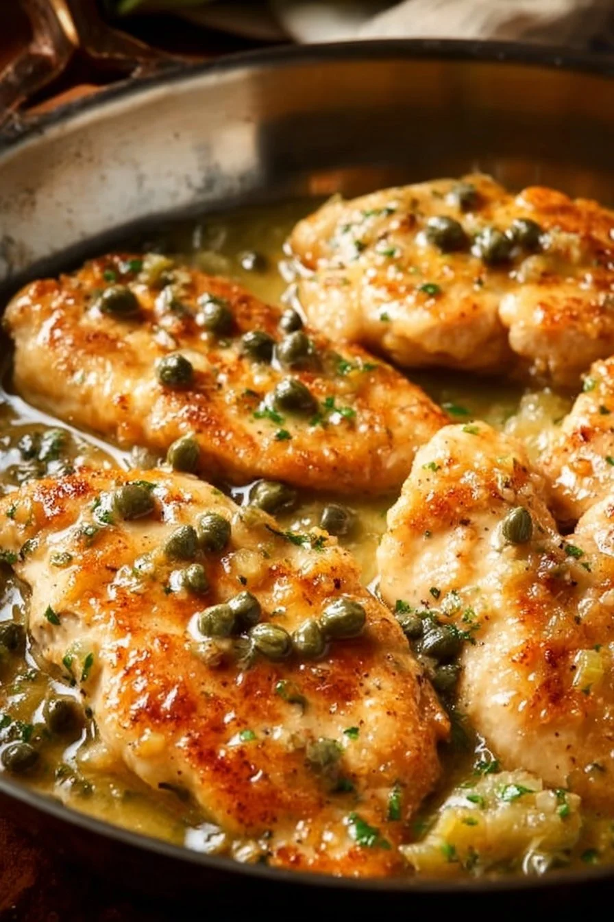 Plate of easy lemon chicken piccata garnished with parsley