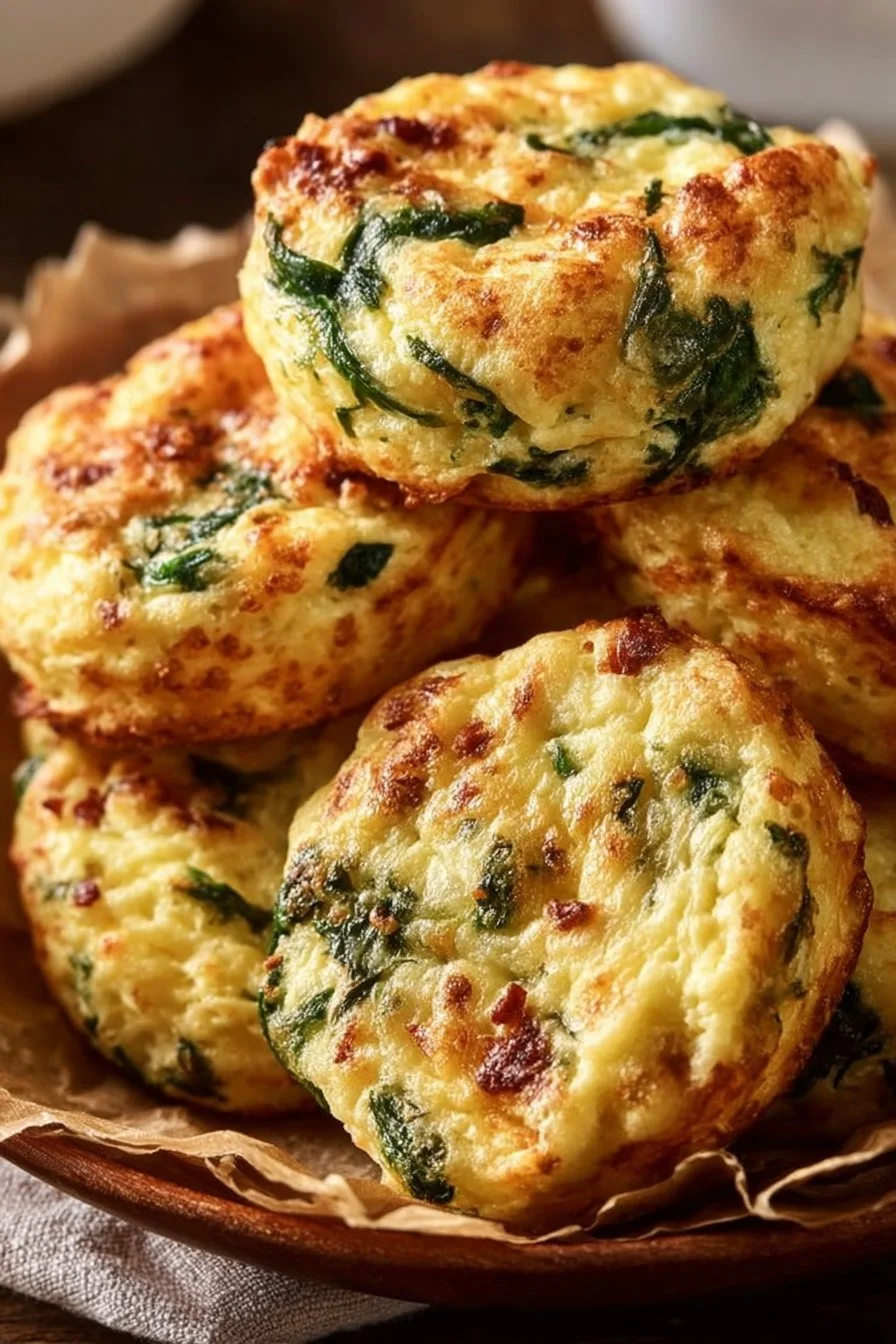 Egg biscuits with sun-dried tomatoes and spinach on a wooden table