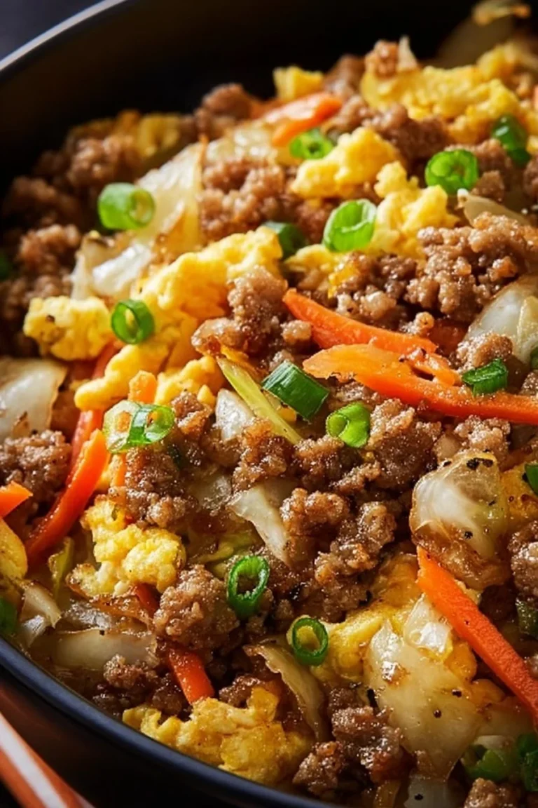 Keto egg roll in a bowl recipe served in a skillet