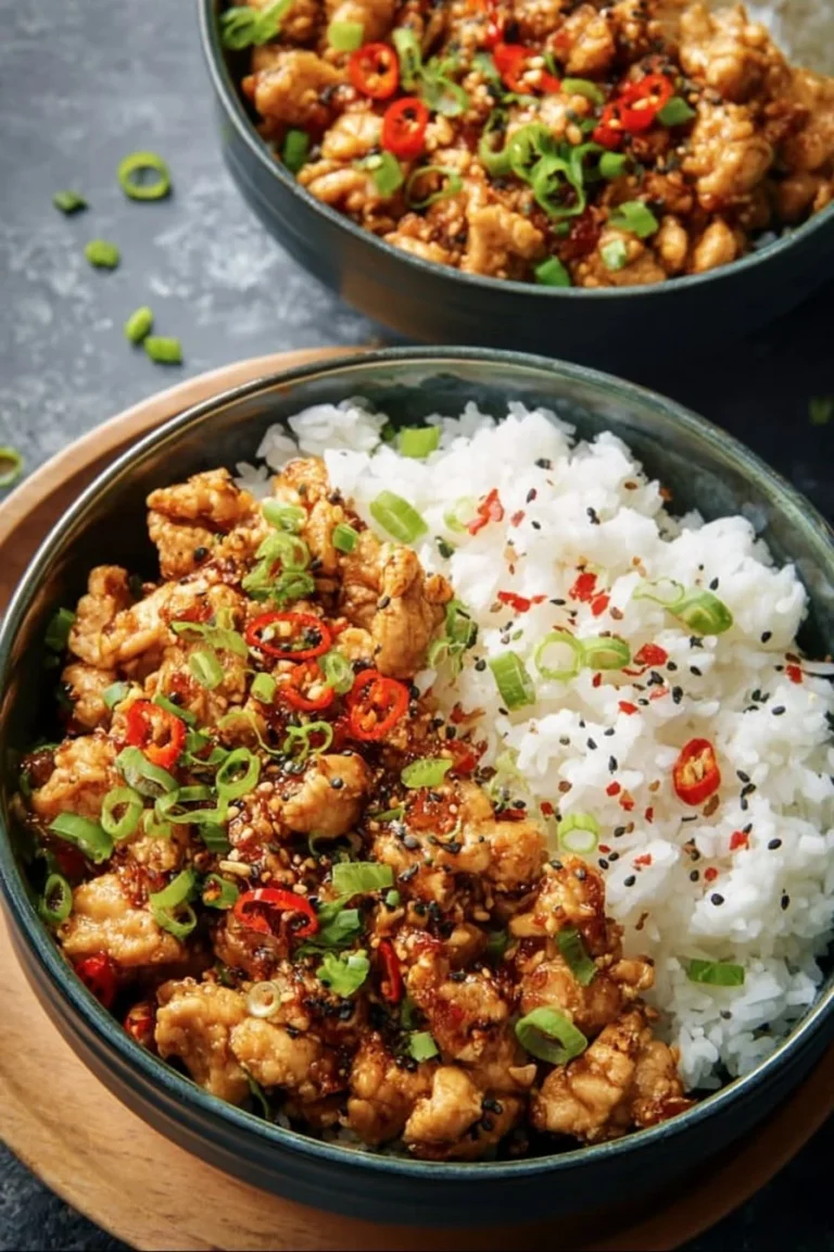 Plate of spicy Firecracker Ground Chicken with colorful veggies