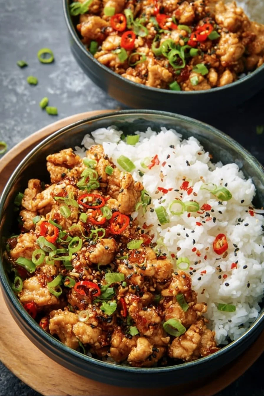 Plate of spicy Firecracker Ground Chicken with colorful veggies
