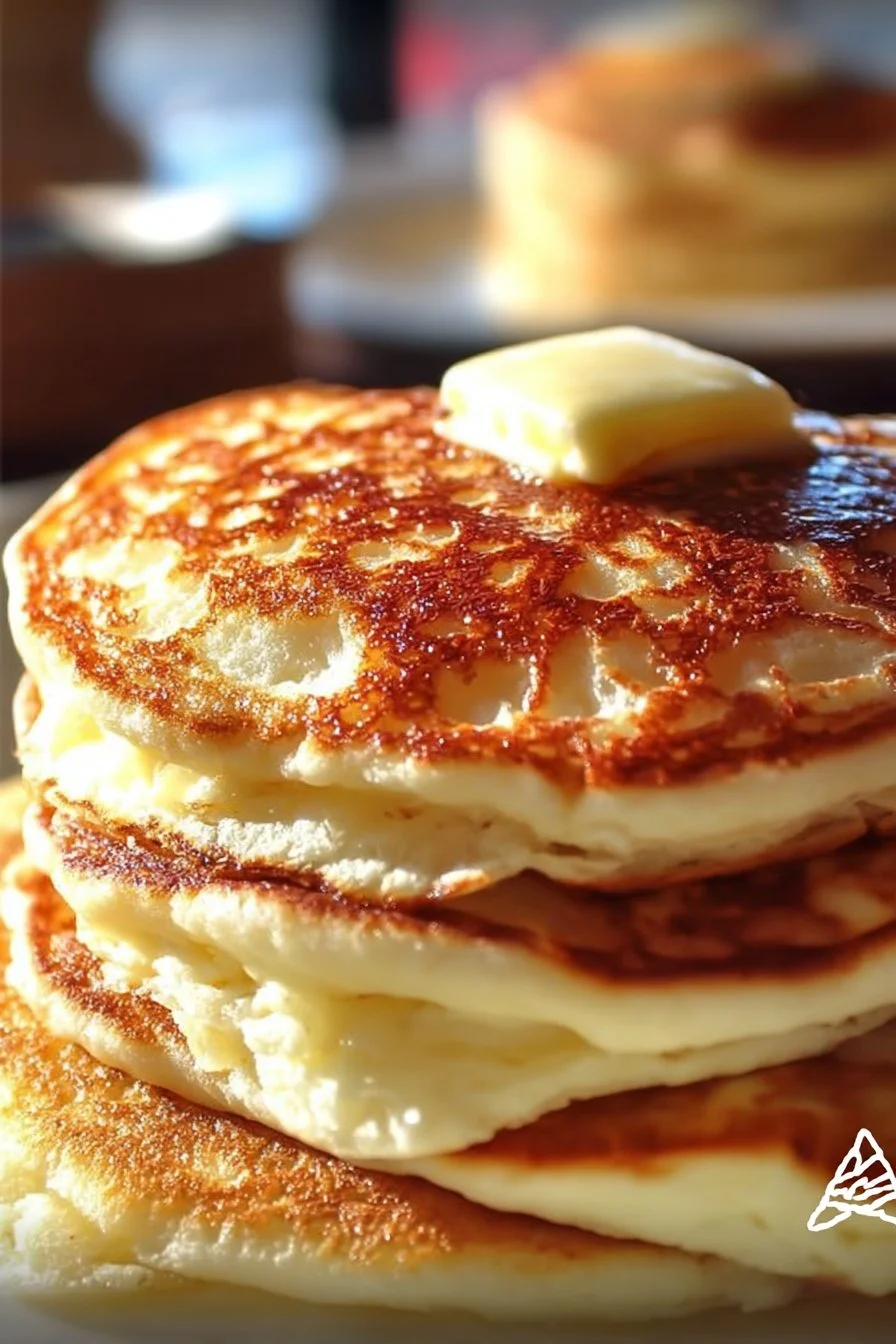 Flourless cottage cheese pancakes served on a plate with maple syrup.
