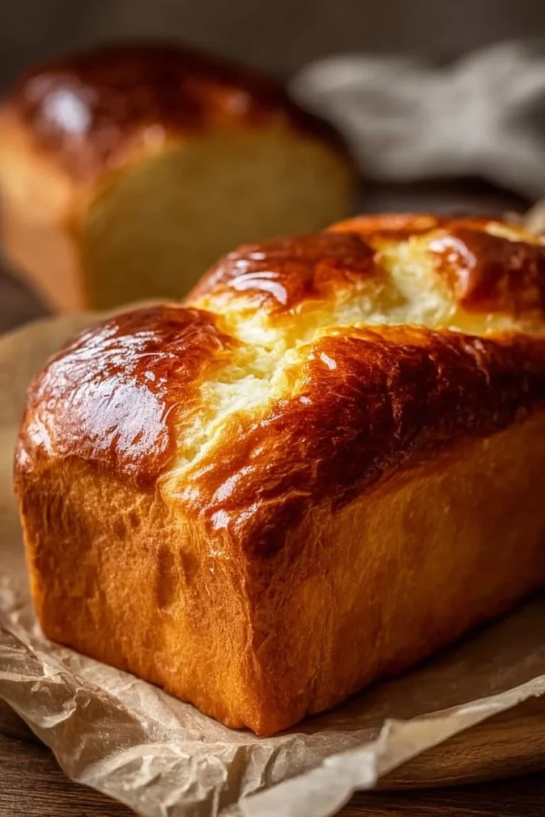 Fluffy cottage cheese bread freshly baked and sliced on a wooden cutting board.