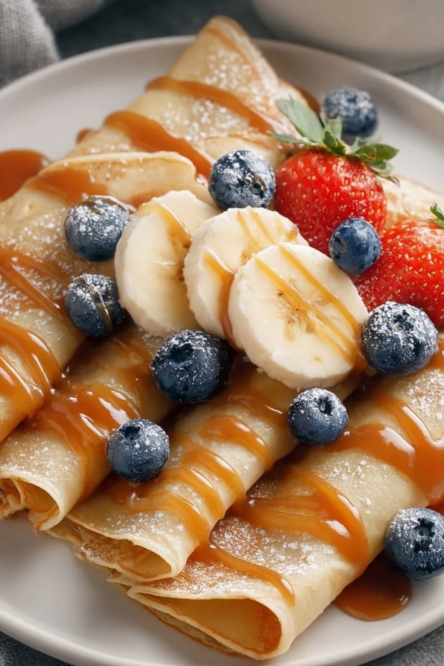 Fluffy egg white crepes filled with fresh fruits and whipped cream
