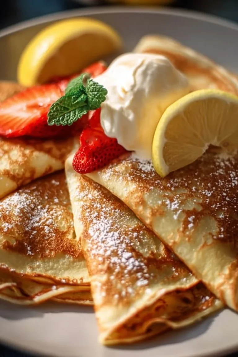 Fluffy high-protein gluten-free crepes on a plate with fresh berries.