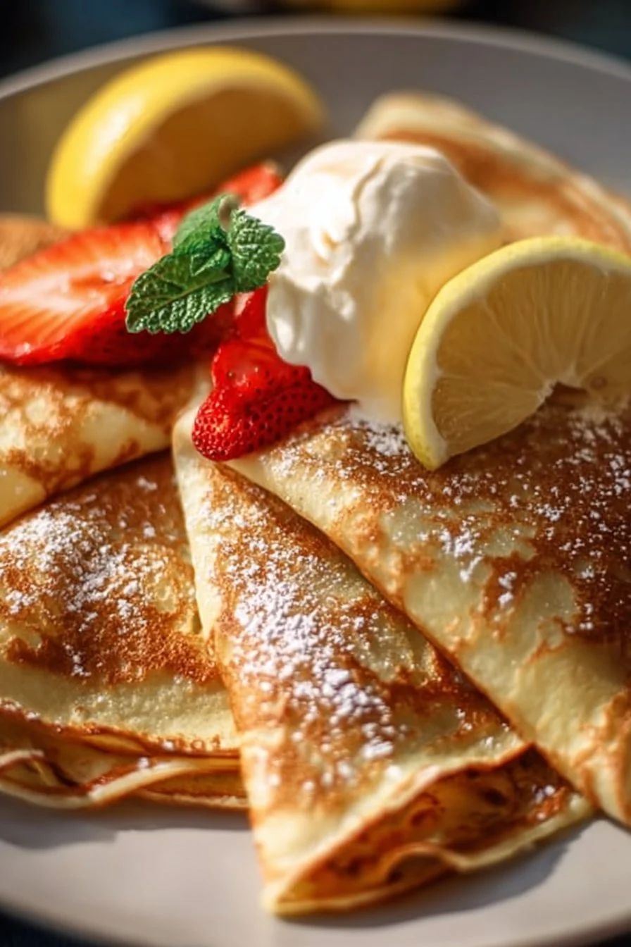 Fluffy high-protein gluten-free crepes on a plate with fresh berries.