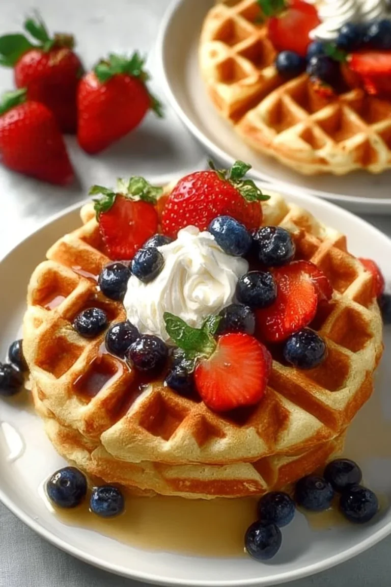 Fluffy protein waffles topped with berries and syrup on a plate