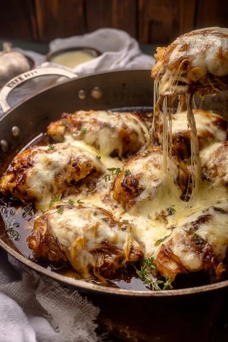 Plate of French Onion Chicken garnished with melted cheese and fresh herbs.