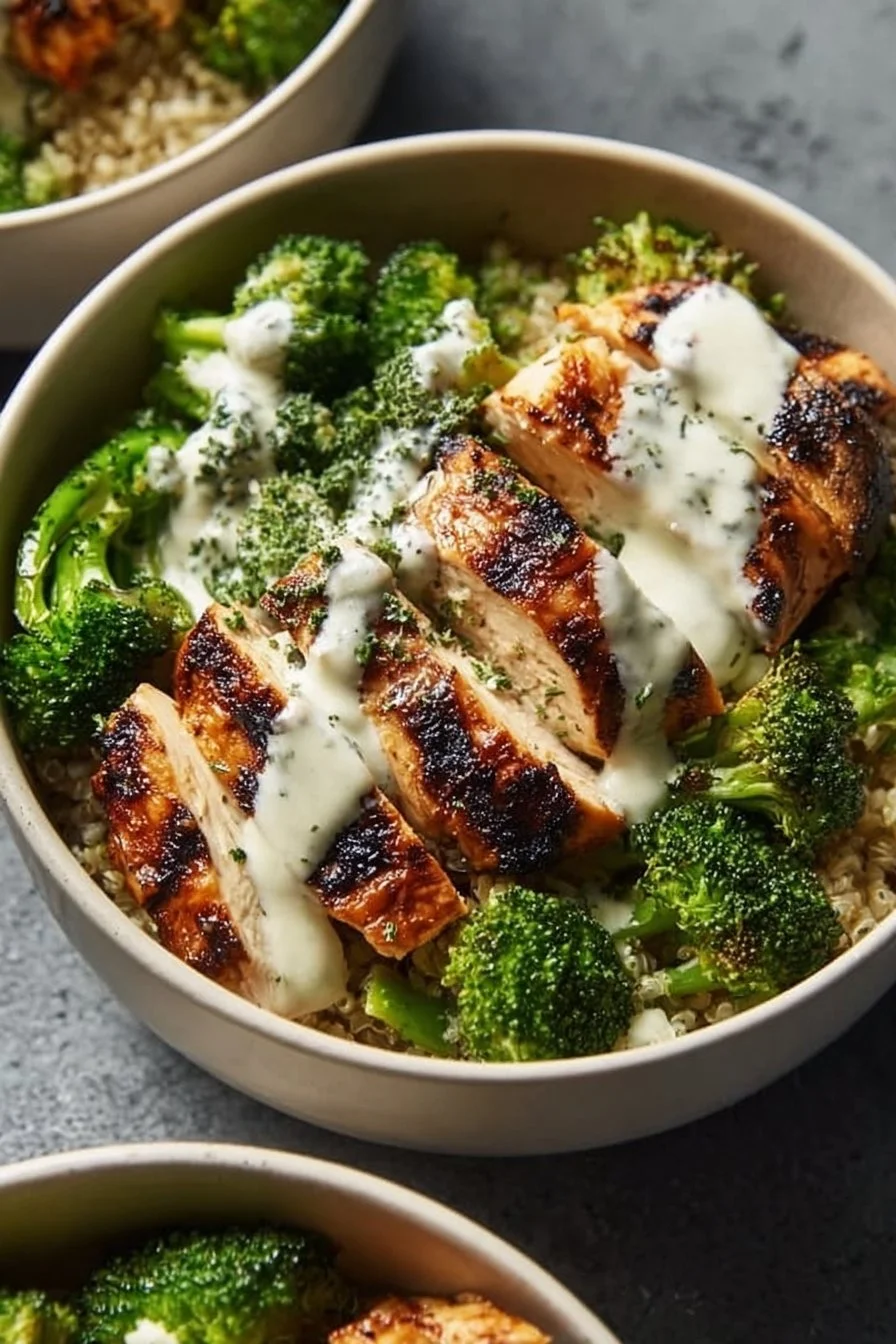 Grilled chicken broccoli bowls with creamy garlic sauce on a plate