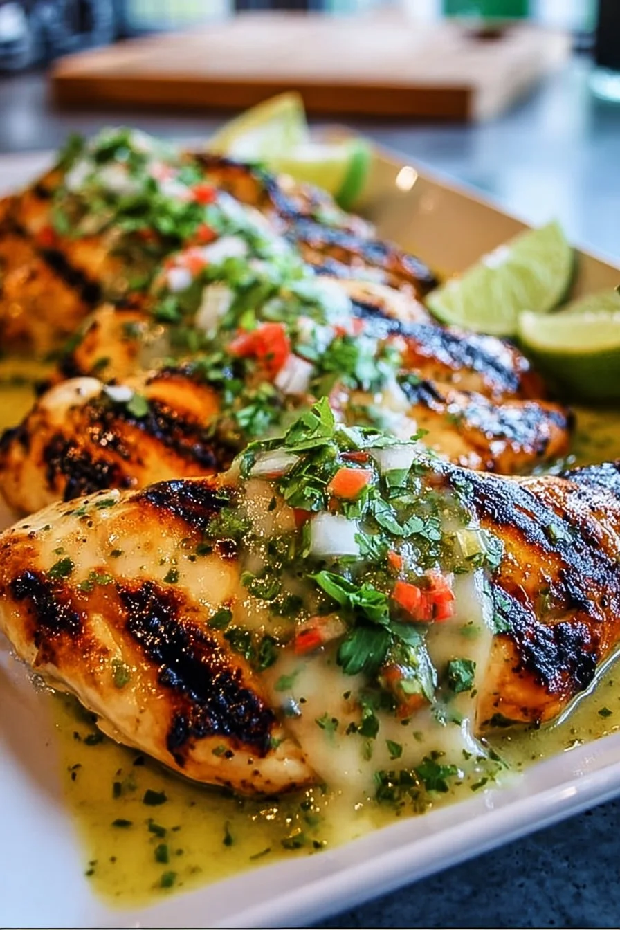 Grilled Salsa Verde Chicken with Pepper Jack cheese garnished and ready to serve.