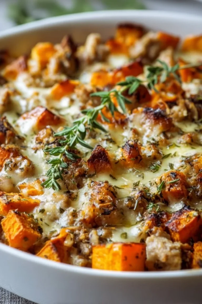 Ground Turkey Sweet Potato Bake served in a dish, garnished and ready to eat.