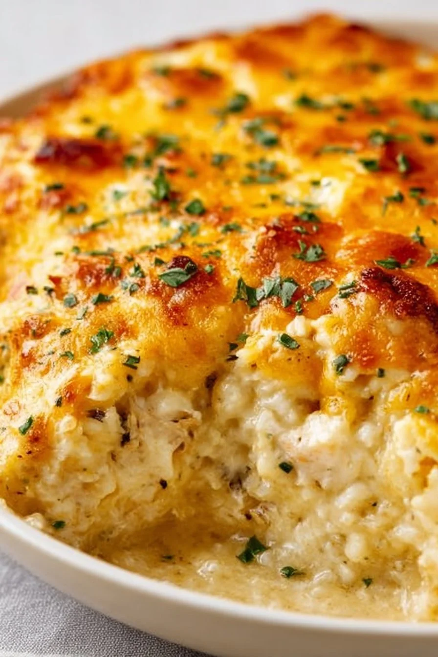 Healthy chicken cauliflower rice casserole topped with herbs and cheese