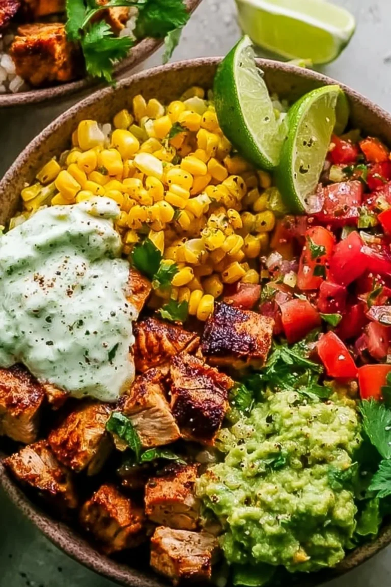 Healthy chicken taco bowls with fresh ingredients and vibrant toppings.