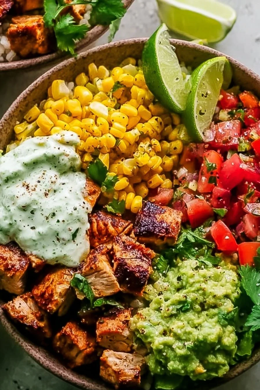 Healthy chicken taco bowls with fresh ingredients and vibrant toppings.