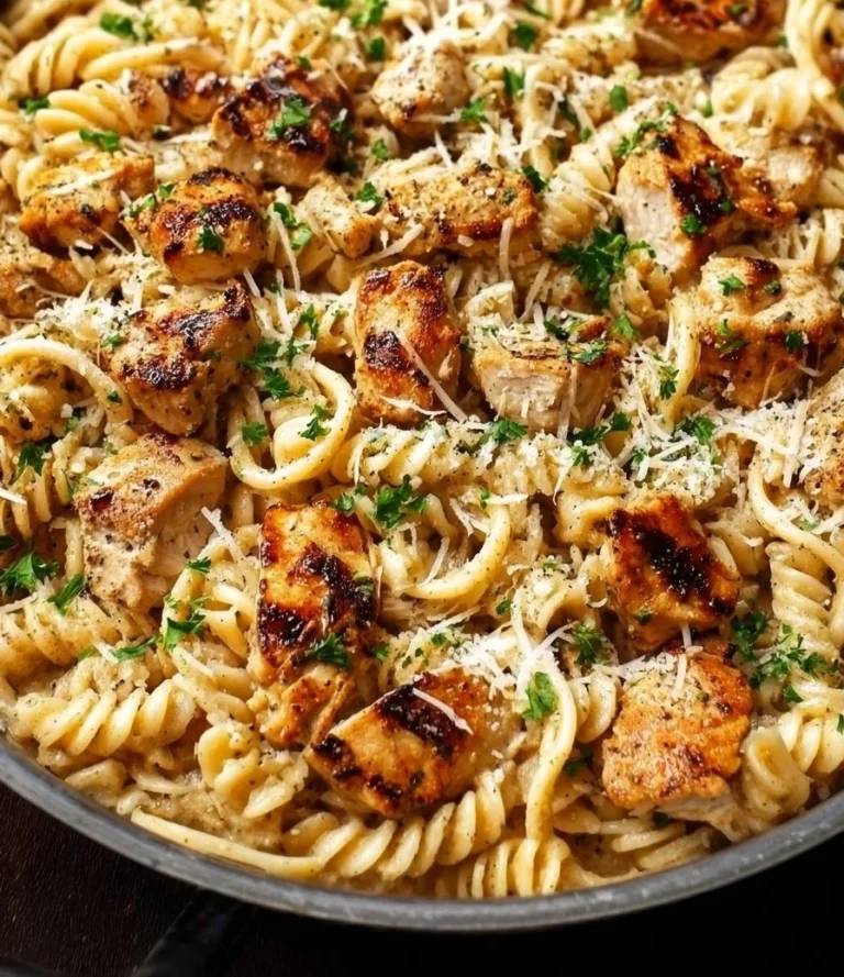 Healthy garlic parmesan chicken pasta dish with sauce and chicken on a plate.