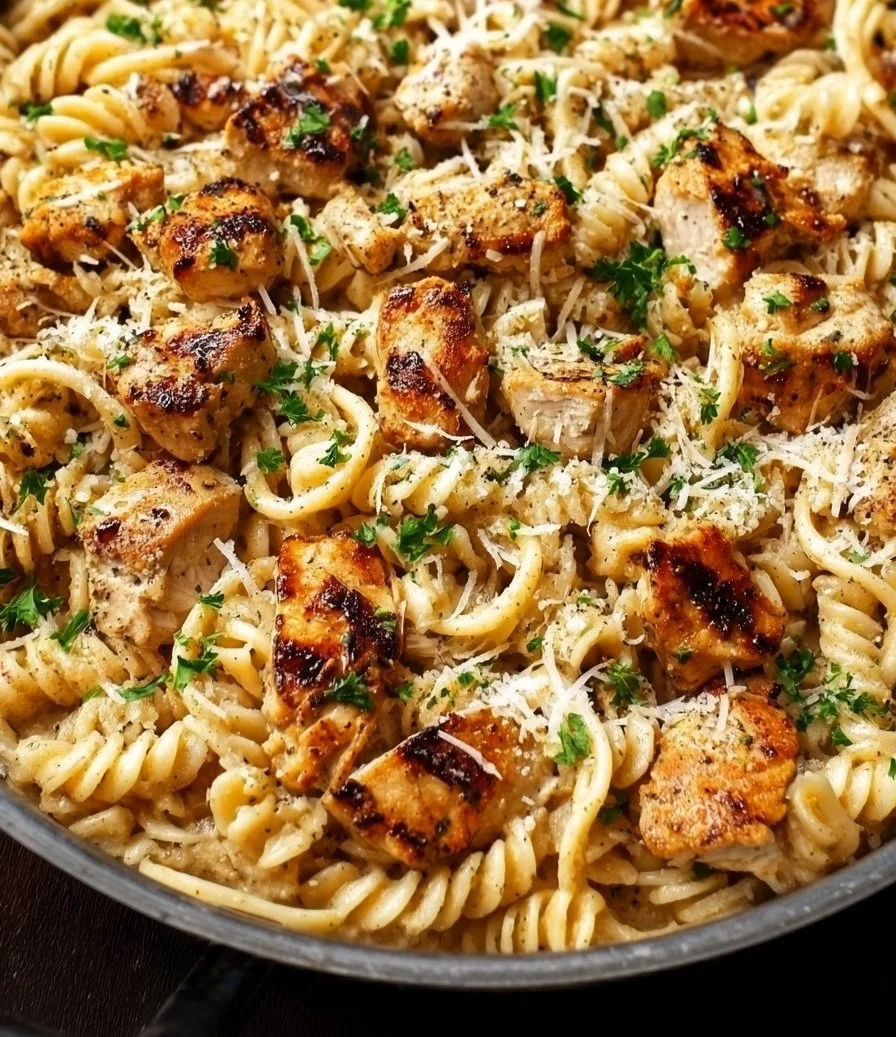 Healthy garlic parmesan chicken pasta dish with sauce and chicken on a plate.