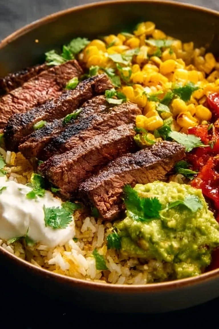 High protein low carb steak fajita bowl with colorful peppers and onions