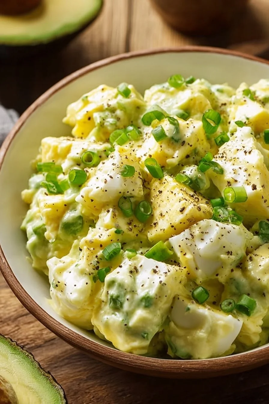 High protein avocado egg salad with cottage cheese served in a bowl