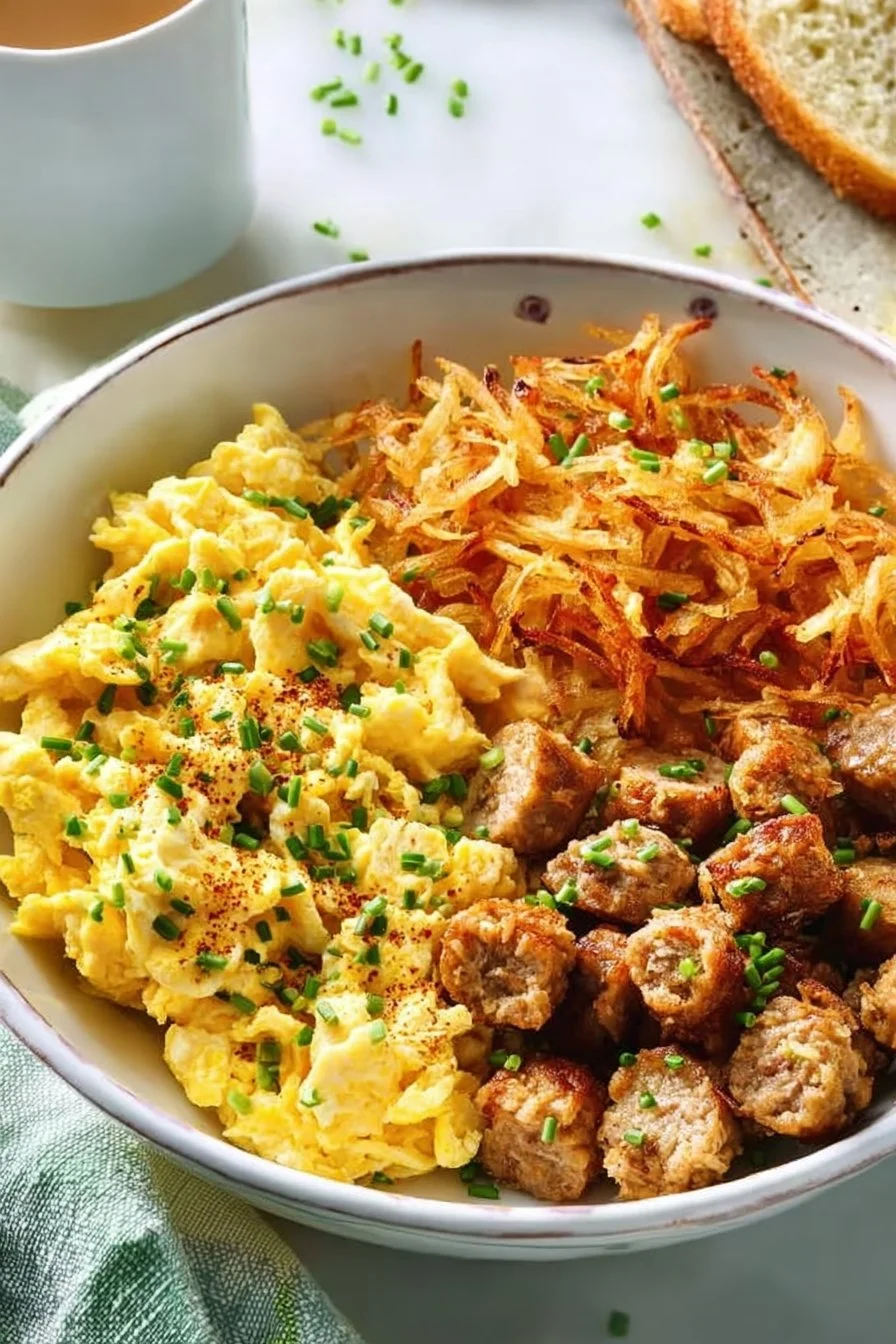 High protein breakfast bowl filled with eggs, spinach, and quinoa