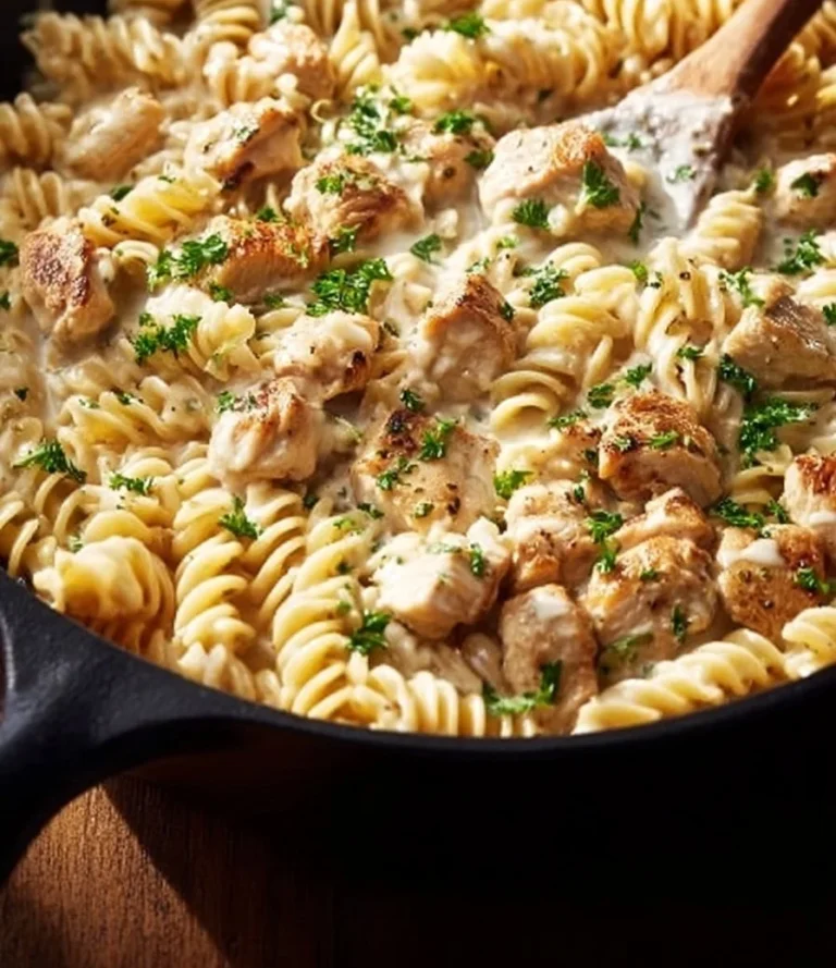 High-protein Chicken Alfredo Skillet with creamy sauce and vegetables