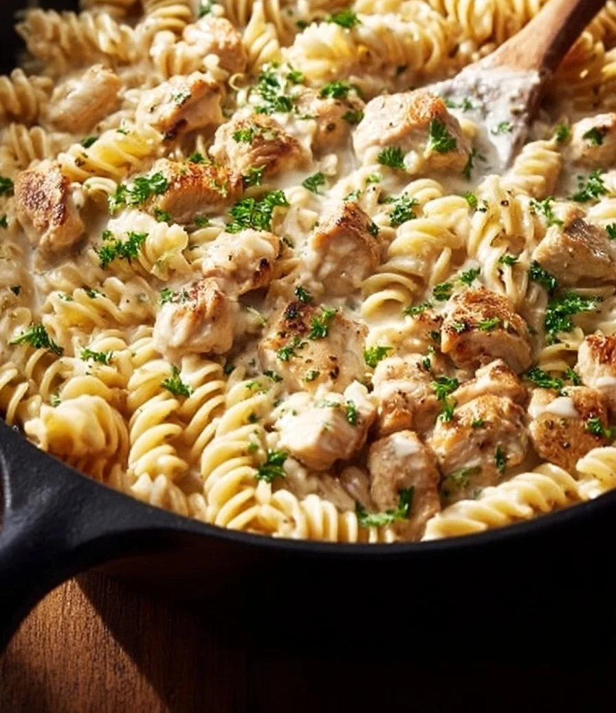 High-protein Chicken Alfredo Skillet with creamy sauce and vegetables