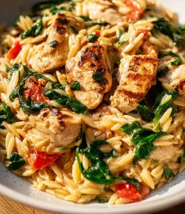 High protein chicken orzo dish served in a bowl with fresh herbs