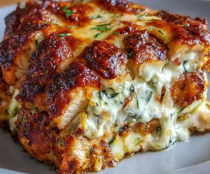 High protein chicken zucchini bake with cheese and herbs in a casserole dish