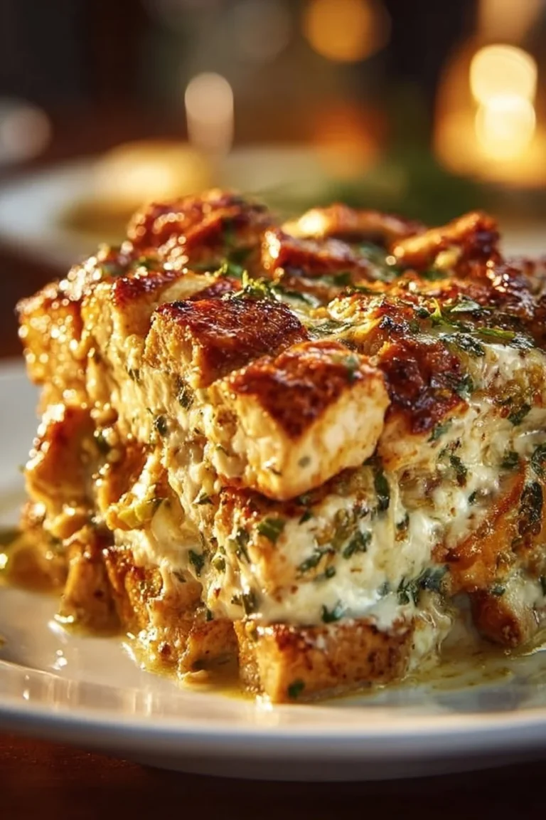 High protein chicken zucchini bake with cheese and herbs in a baking dish