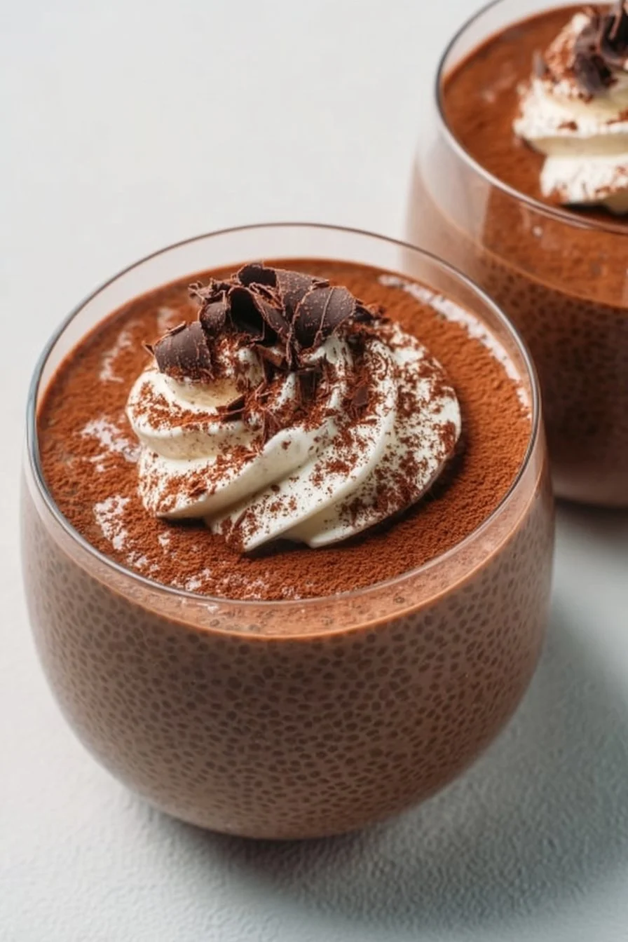 High protein chocolate chia seed pudding served in a glass bowl topped with berries