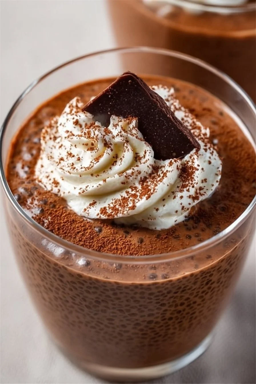 High protein chocolate chia seed pudding topped with berries and nuts.