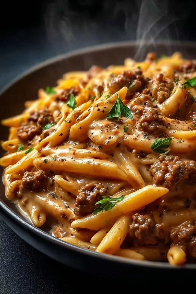Delicious high protein creamy beef pasta garnished with herbs