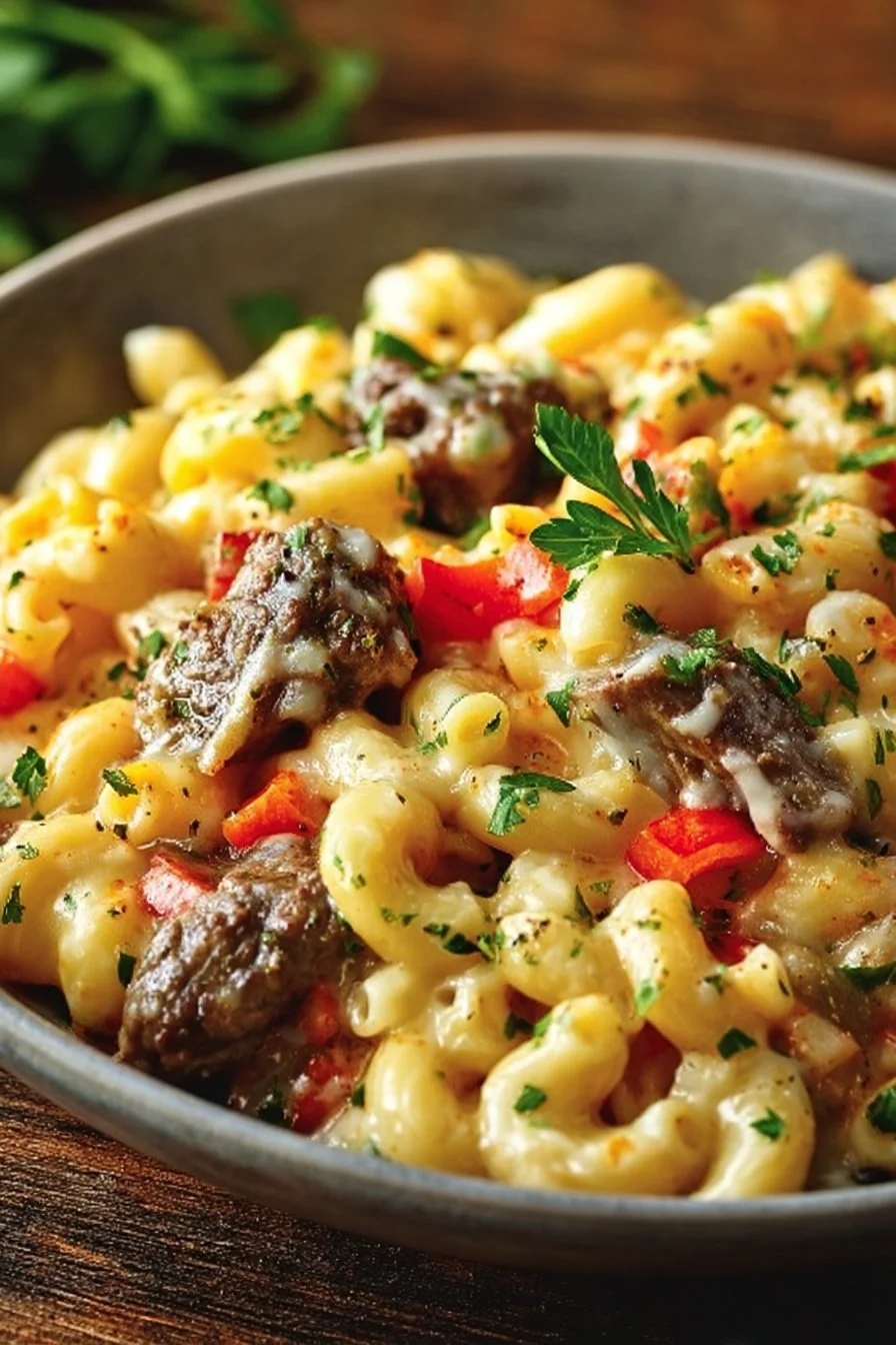High-protein creamy Philly cheesesteak mac and cheese dish served in a bowl