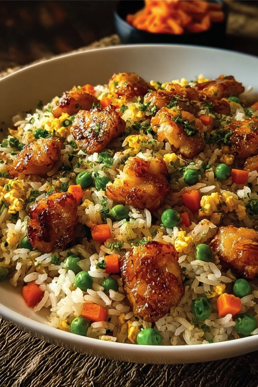 Bowl of high protein crispy garlic chicken fried rice topped with herbs