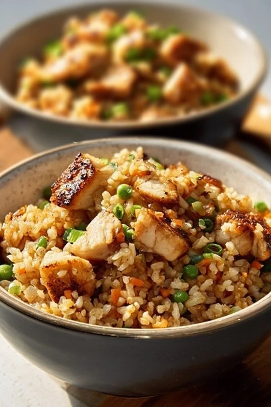 High protein crispy garlic chicken fried rice garnished with fresh herbs